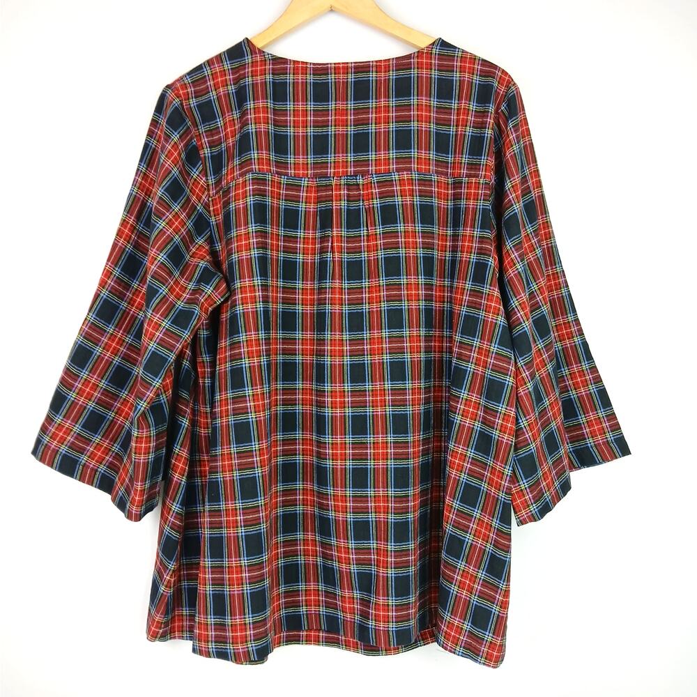 April Cornell SZ XL 100% Cotton 1/4 Button Tartan Plaid Floral Embroidered Top - Picture 5 of 5